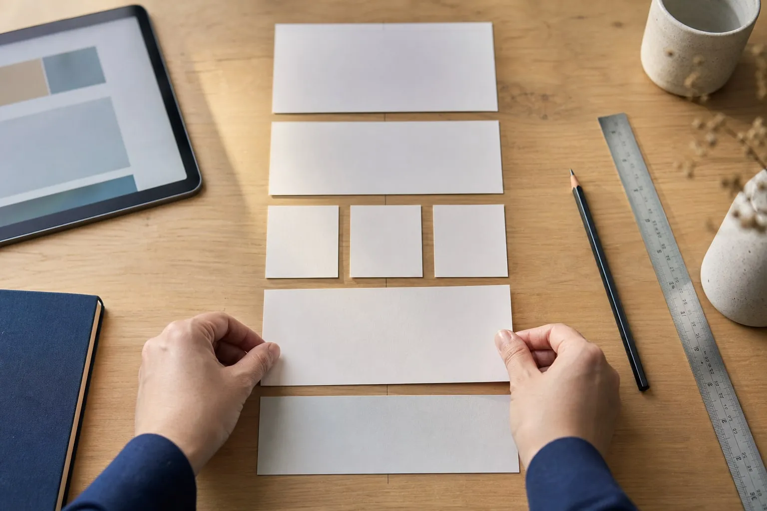 Des blocs de page modulaires disposes et alignes a la main, comme les sections d’une landing page en construction.