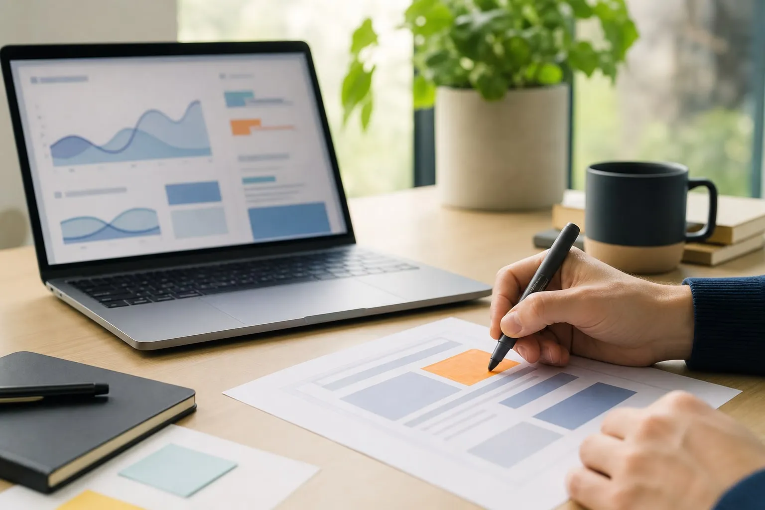 Un plan de landing page imprime, annote au marqueur, a cote d’un ordinateur affichant des courbes de comportement des visiteurs.